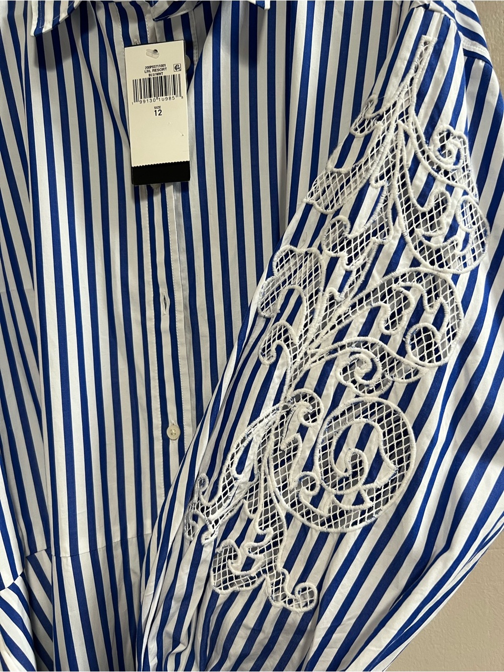 Lauren Ralph Lauren Blue & White Striped Maxi Shirt Dress with Lace Sleeve - Picture 7 of 7